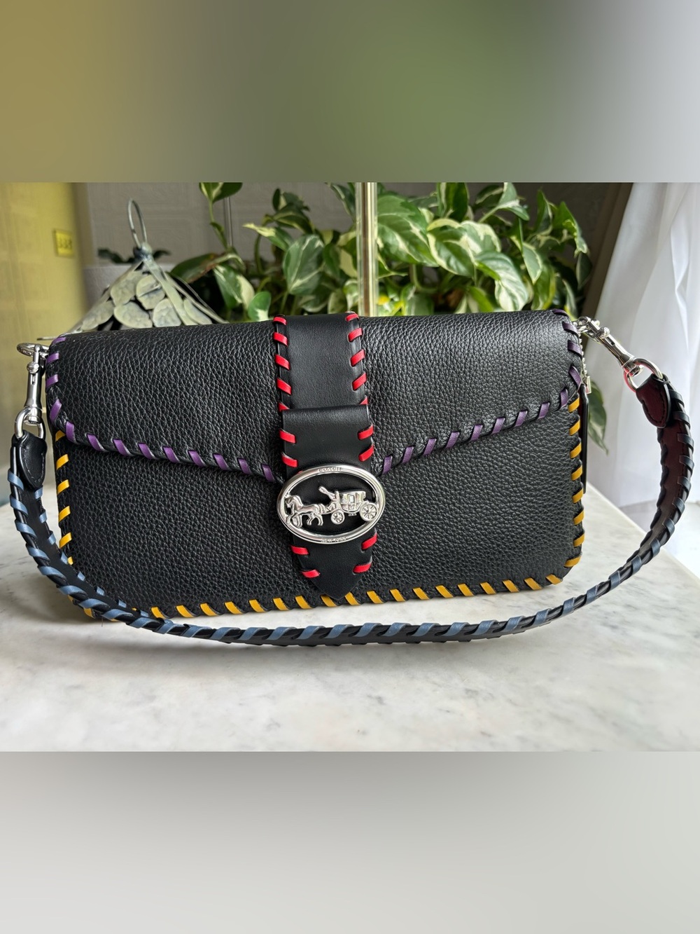 Coach Black Leather Georgie Shoulder Bag with Multicolor Whipstitch - Picture 11 of 13